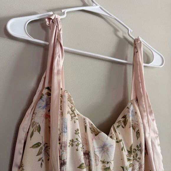 Mine Floral Corset Satin Tie Strap Cottagecore Regency Picnic Midi Dress Large - Picture 6 of 9